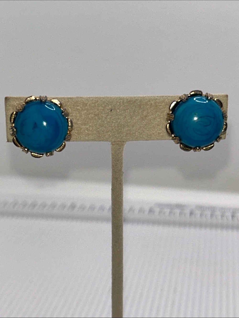 Nettie Rosenstein Turquoise Blue Round Lucite Cabochon Clip Earrings